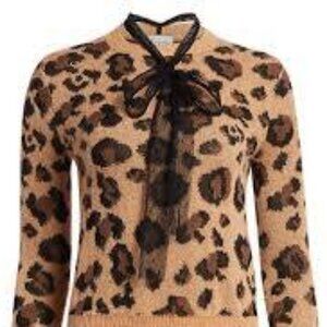 RED Valentino Polka Dot Tie Neck Leopard Print Sweater M/L camel NWOT